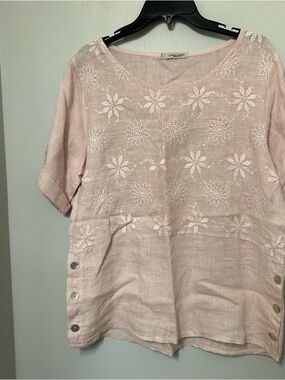 Lungo L'arno 100% Linen Blush Pink Embroidered  Blouse Short Sleeve Large EUC
